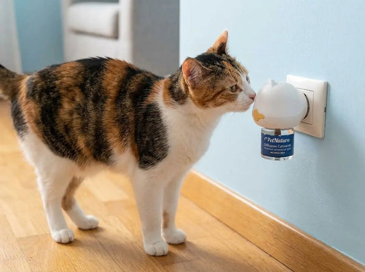 Gatto che annusa il diffusore calmante a feromoni PetNatura collegato alla presa elettrica