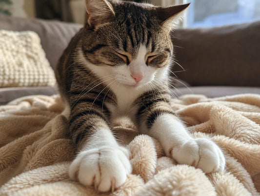 Gatto che fa i biscottini impastando con le zampette una coperta morbida, comportamento tipico di benessere felino