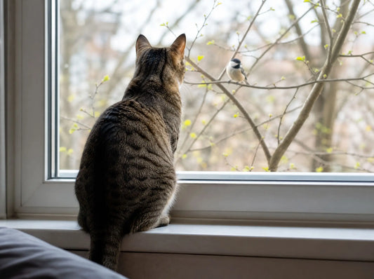 Gatto seduto sul davanzale che osserva concentrato un uccello attraverso la finestra