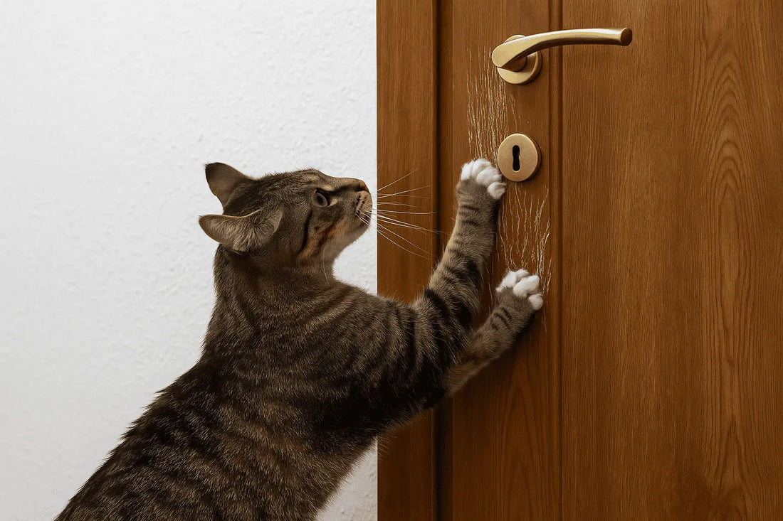 Gatto domestico che graffia una porta di legno, comportamento tipico per comunicare o ridurre lo stress