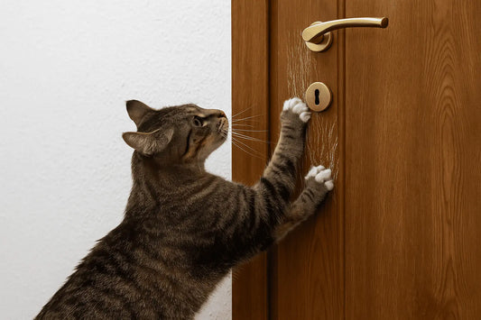 Gatto domestico che graffia una porta di legno, comportamento tipico per comunicare o ridurre lo stress
