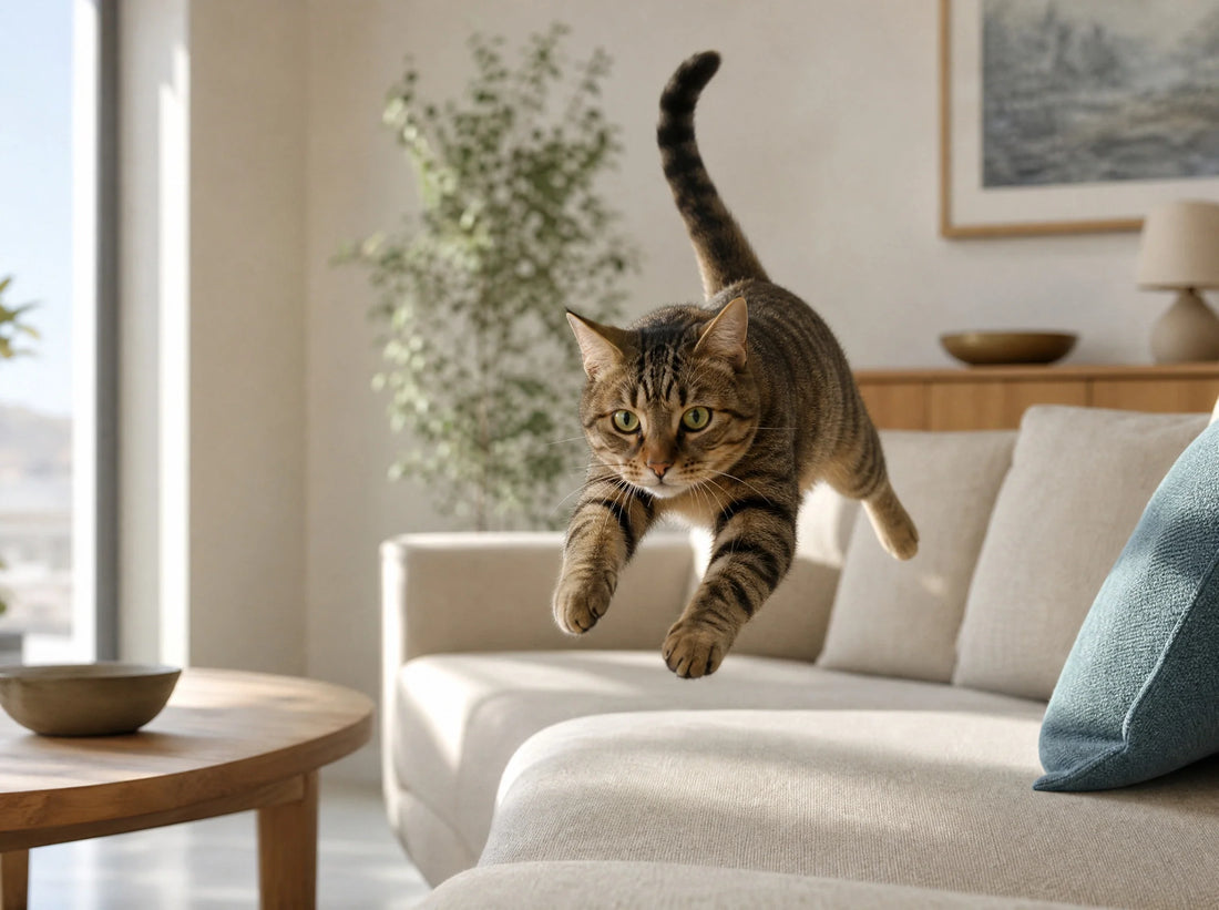 Gatto che corre e salta su un divano, con espressione vigile e coda alta, in un salotto luminoso di casa.