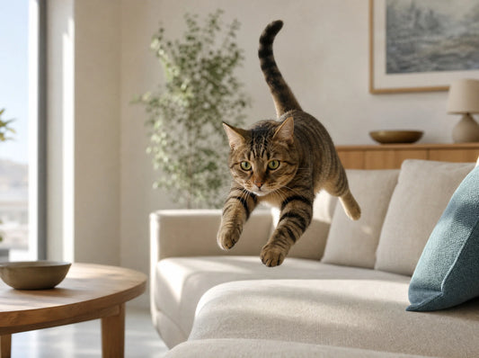 Gatto che corre e salta su un divano, con espressione vigile e coda alta, in un salotto luminoso di casa.