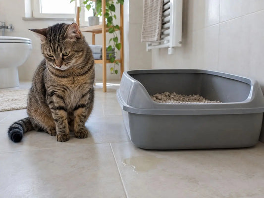 Gatto seduto accanto alla lettiera con una chiazza di pipì sul pavimento