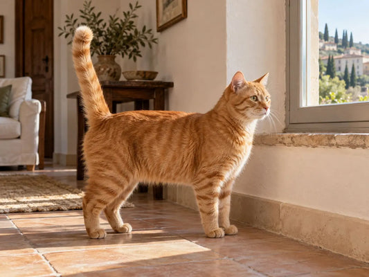 Gatto rosso con la coda dritta vicino al muro di casa, postura tipica della marcatura