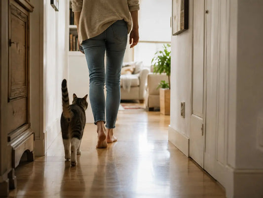 Gatto che segue il proprietario lungo il corridoio di casa, comportamento tipico legato ad affetto, curiosità e ricerca di sicurezza