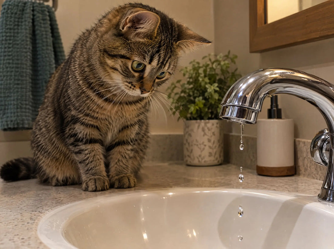 Gatto curioso che osserva l'acqua scorrere dal rubinetto senza toccarla